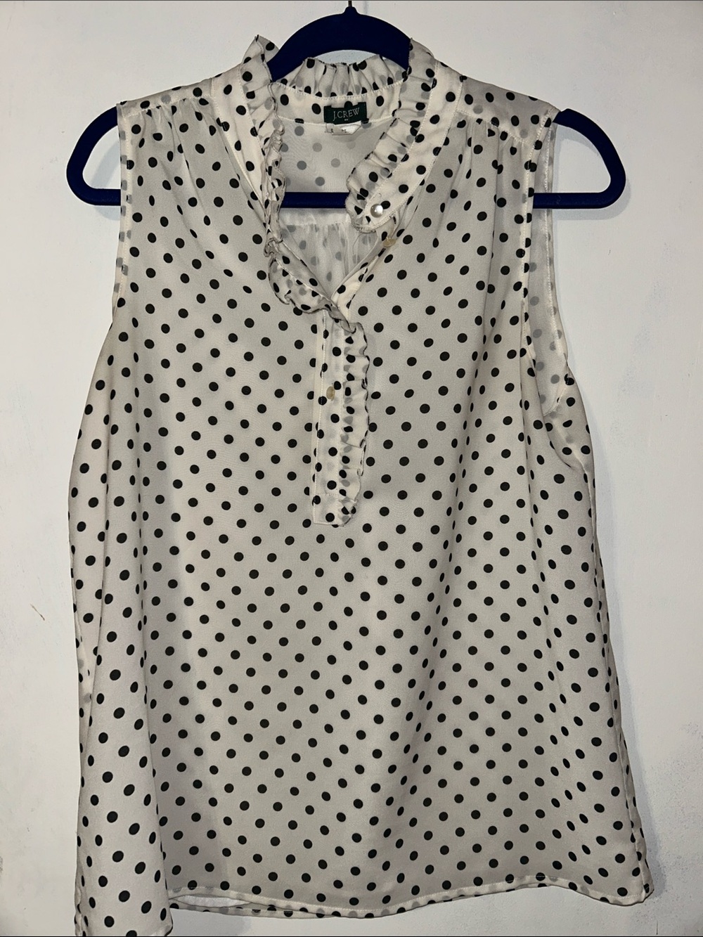J. Crew White Sleeveless Polka Dot Ruffle Neck Camisole